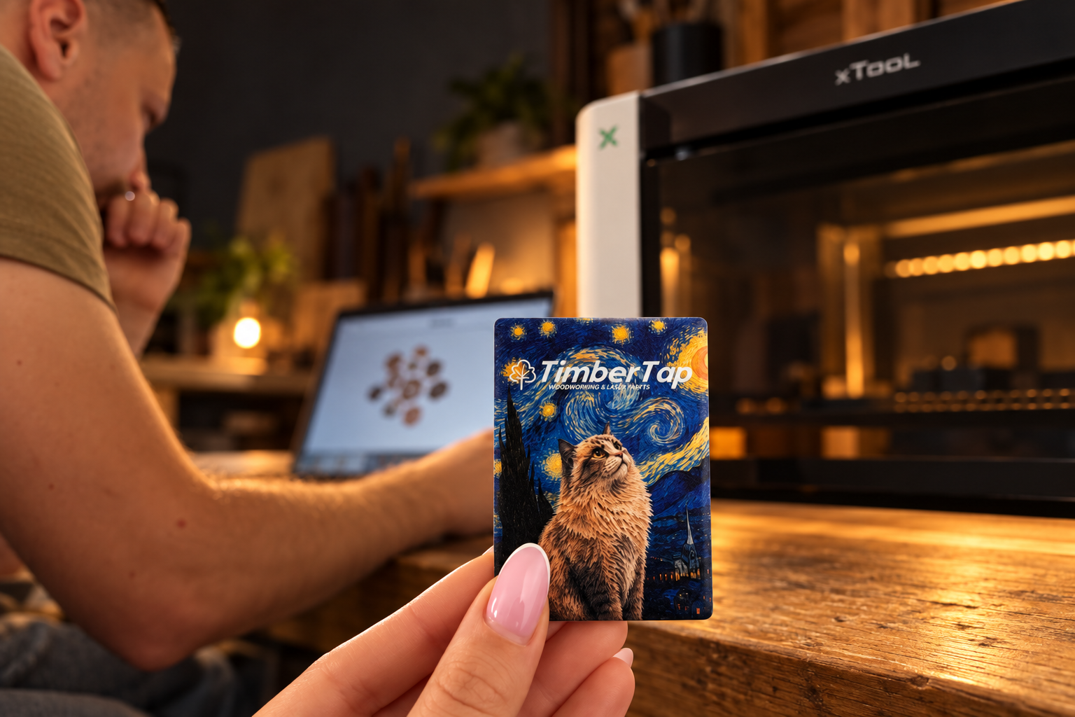 TimberTap dirbtuvėse – darbas prie UV spausdintuvo ir kortelė su TimberTap logotipu